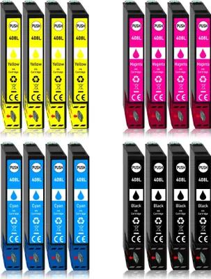 A collage of printer ink cartridges arranged in rows.