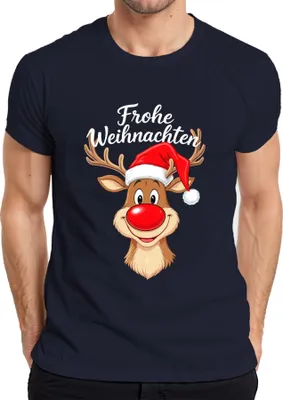 Produktbild von Frohe Weihnachten Rudolph rote Nase Weihnachtsmütze Kinder Lustig Herren T-Shirt, Navy, S