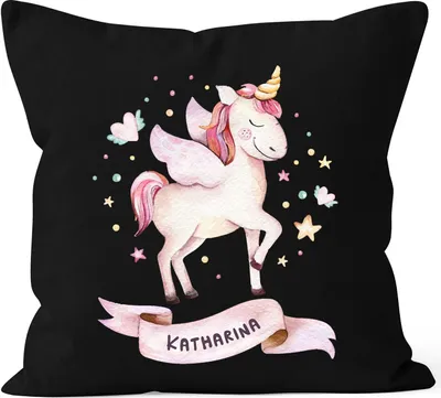 Produktbild von Kissen-Bezug Einhorn mit Namen Kissen-Hülle Namenskissen Baumwolle personalisierte Geschenke Dekokissen SpecialMe® schwarz unisize