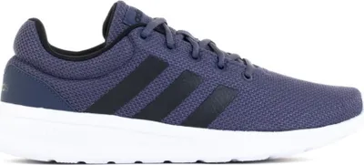 A side view of a blue Adidas sneaker with black stripes and a white sole.