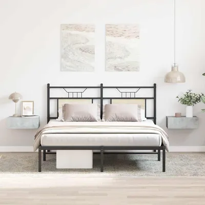 A bedroom scene with a bed and two hanging nightstands.