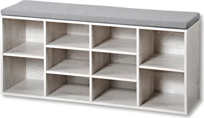 Produktbild von KESPER® Schuhschrank mit Sitzkissen, weiß gekälkt, für 10 Paar Schuhe, 8 Fächer, Kissenbezug waschbar, B103,5xH48 xT29,5cm, Flurbank