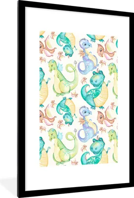 Produktbild von MuchoWow® Gerahmtes Poster Dinosaurier - Aquarell - Kinder - Jungen - Mädchen - Kinder 60x90 cm - Poster mit Schwarzem Bilderrahmen Wandposter Rahmen Foto Bilder - Dekoration - Wandposter Wohnzimmer - Hochwertig