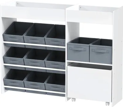Produktbild von Kinder-Aufbewahrungsregal, Spielzeugschrank für Kinder mit 11 Stoffboxen, oberen Fächern, 3 Stickern, Weiß