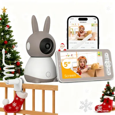Image de babyphone 2K avec caméra et vision nocturne, babyphone vidéo WLAN 5 pouces, fonction interphone, détection des pleurs/mouvements, détection de la température avec support