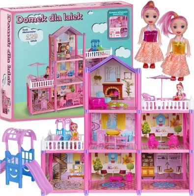 A dollhouse with two dolls and accessories, presented in a box.