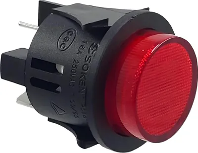 A close-up, angled view of a red illuminated push-button switch.