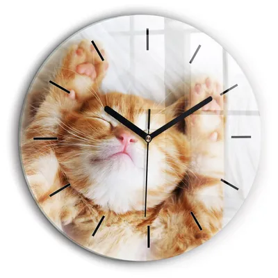 Produktbild von Wallfluent Große Wanduhr – Stilles Quarzuhrwerk - Uhr Dekoration Wohnzimmer Schlafzimmer Küche - Zifferblatt mit Striche - schwarze Zeiger - 60 cm - Schlafende kleine Katze