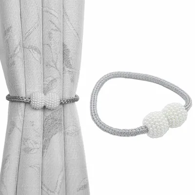 Produktbild von Magnet Vorhanghalter Raffhalter Kordelclip mit Perlen weiß silber 50 cm Vorhang Klemme für Gardinen und Vorhänge ohne Bohren