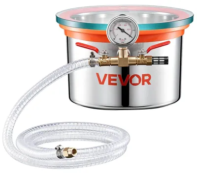 Immagine prodotto di VEVOR Camera di Vuoto in Acciaio Inox da 5,7 L, Camera di Degasaggio a Vuoto con Coperchio in Vetro Temperato, Tubo e Filtro dell'Aria, per Resine, Stabilizzazione del Legno, nonché Silicone, Resina Epossidica e Oli Essenziali
