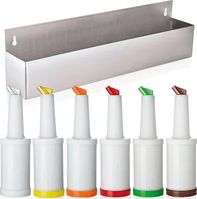 Produktbild von Flaschenregal für 8 Flaschen + 8x Dosier- und Vorratsflasche Speed bottle, 0,85 ltr., 6 verschiedene Farben, Ø 9 cm, Polypropylen