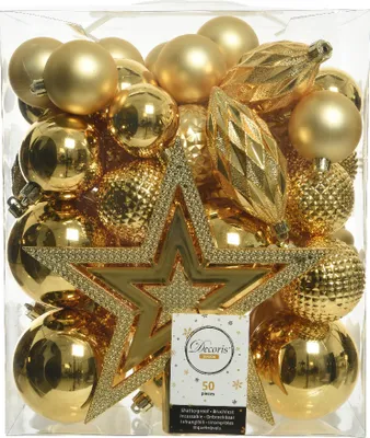 Produktbild von Weihnachtskugeln Kunststoff mit Christbaumstern 50er Set - Hellgold