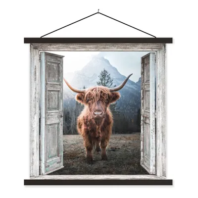 Produktbild von MuchoWow® Textilposter Schottischer Highlander - Kuh - Ländlich - Ansicht 40x40 cm mit schwarzem Rahmen - Fotos