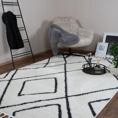 Zdjęcie produktu dla CONSILIO CONCEPT 160 x 230 Dywan do salonu kość słoniowa kremowy biały Berber krótkie runo z frędzlami Boho marokański Projektant Scandi