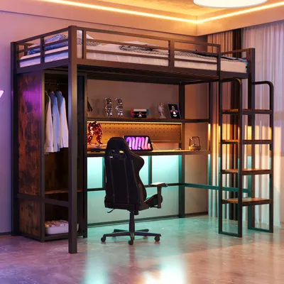 Produktbild von Flieks Etagenbett Metallbett 90x200cm mit Schreibtisch und Metallgitter, Hochbett mit Kleiderschrank und Led, Kinderbett Jugendbett Schwarz