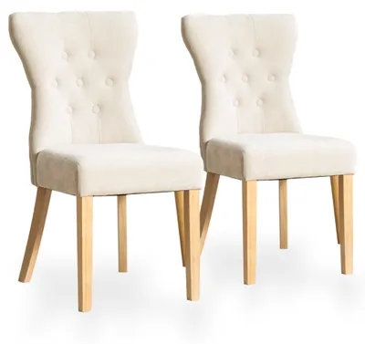 Productafbeelding van Set van 2 fluweelzachte eetkamerstoelen met hoge rugleuning, knoopverstikking en massief houten poten, beige kleur