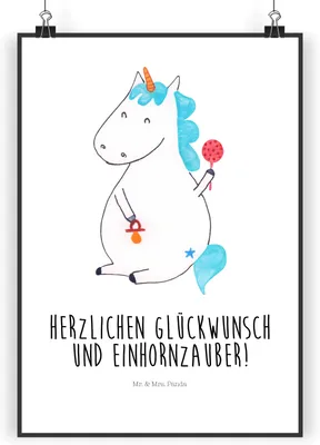 Produktbild von Mr. & Mrs. Panda Bild Einhorn Baby DIN A3 - Weiß - Geschenk, Geburtstag, drucke, wanddeko, Unicorn, Geburt, Plakat, Wandbild, Mutter, Party, Schnuller, Kunstdruck
