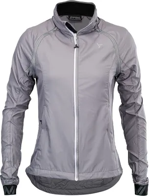A grey women's jacket is shown against a white background.
