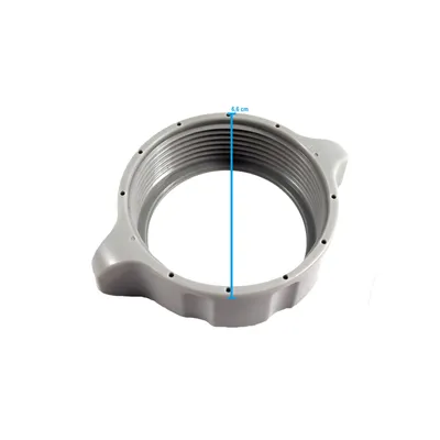 A gray plastic ring with threaded interior and two small tabs on the exterior, shown against a white background. A blue line indicates a measurement of 6.5 cm.