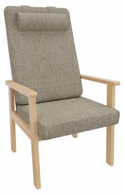 Productafbeelding van Zorgstoel Alexandra met armleuningen – Comfortabele fauteuil voor senioren met armleuningen, geschikt voor zorg en wonen. Bekleding: Stof Kariba, beige. Bodemglijders: Kunststof, wit