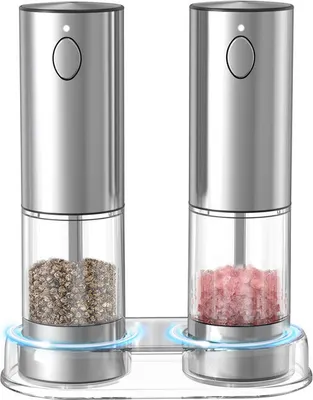 Image de Moulin à sel et à poivre Moulin à épices en acier inoxydable avec base rechargeable Moulin à sel électrique Moulin à poivre avec lumière LED Grosseur réglable pour les épices Poivre Chili