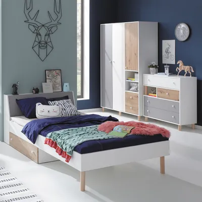 Produktbild von Jugendzimmer Set 3-teilig FAIRFAX-133 mit Jugendbett 90x200cm in weiß mit Eiche und grau
