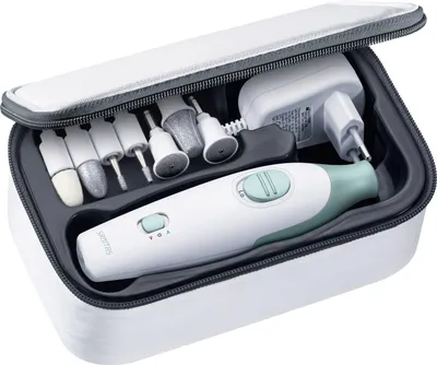 A white and green electric nail file set in its case.