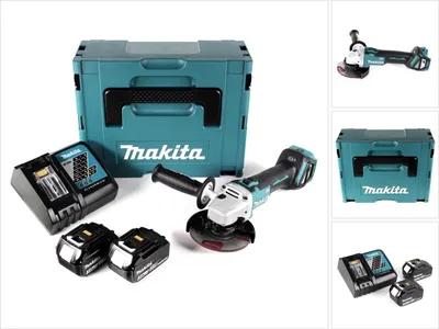 A Makita cordless angle grinder kit is displayed on a white background, including the grinder, two batteries, a charger, and a teal storage case.