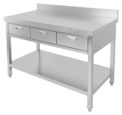 Zdjęcie produktu dla Gastronomiczny stół ze stali nierdzewnej przyścienny z 3 szufladami i półką Mega-M X 120x60x85cm