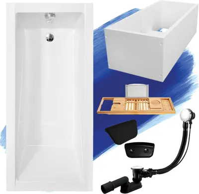 A collage of a bathtub and its accessories, presented on a blue and white background.