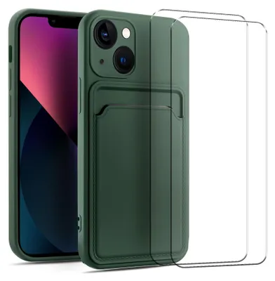 A dark green iPhone 13 Mini case with a cardholder slot and a clear screen protector are shown.