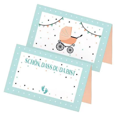 Produktbild von itenga 24x Tischkarten "Kinderwagen Vintage / Schön dass du da bist" mint orange