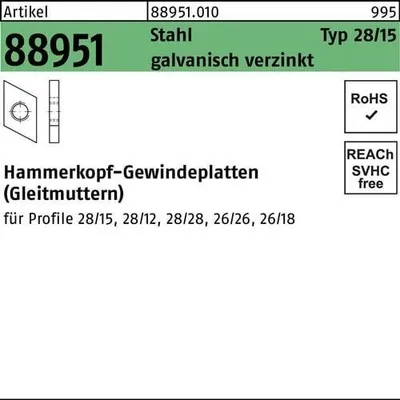 Produktbild von Reyher  Hammerkopf-Gew.platten Typ 28/15, M 8, Zn (100 Stück)