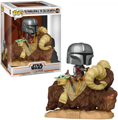 Produktbild von Star Wars The Mandalorian Mando on Bantha with Child in Bag - Funko Pop #0416