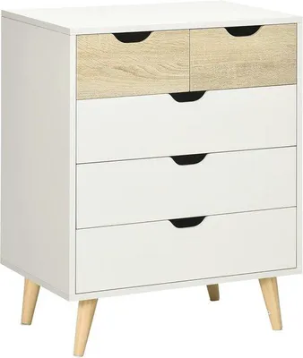Productafbeelding van Bijzetkast met 5 schuifladen - Moderne commode voor woonkamer en slaapkamer - 60 x 40 x 77,5 cm - Wit en lichtbruin
