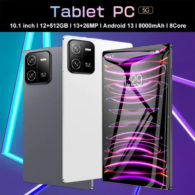 Obrázek produktu pro 10,1palcový tablet s IPS displejem Clear Touch o rozlišení 1920 × 1200, operačním systémem Android 13, 12 GB RAM, 512 GB ROM a možností rozšíření paměti, baterií s kapacitou 8000 mAh a dlouhou výdrží v pohotovostním režimu, připojením Bluetooth, duálním fotoaparátem 13 MP + 26 MP a podporou sítí 5G a Wi-Fi