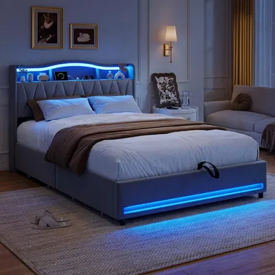 Image de Lit rembourré ProximaX gris 140 x 200 cm avec tiroirs et tête de lit avec rangement – tissu velours, éclairage LED RGB, station de recharge USB, sommier à lattes