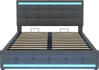 Produktbild von Polsterbett 140x200 cm Grau Ohne Matratze 4 Schubladen 2 USB Ladestationen LED Kopfteil Fussteil Leinenstoff Gepolstertes Plattformbett Stauraum
