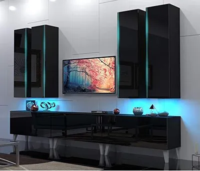 Produktbild von Furnitech Wohnwand Wohnzimmer - Hängend Wohnwand Modern - Regale und TV Schrank - Wohnzimmer Möbel ohne LED (Venus AN39-18HG-B1 GS4 Schwarz mit Füßen)