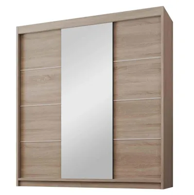 Produktbild von BEAUTYSOFA | Schiebetürenschrank MILO 200 cm mit Spiegel – Kleiderschrank Eiche Sonoma, 3 Schiebetüren, 4 Schubladen, 2 Kleiderstangen