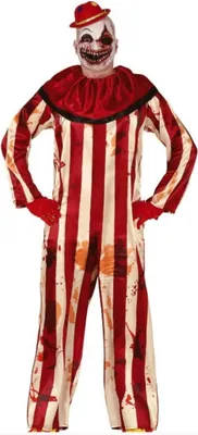 Produktbild von Kostüm "Gestreifter Horror Clown" für Jugendliche | Einteiler mit Kragen Größe: 14-16 Jahre
