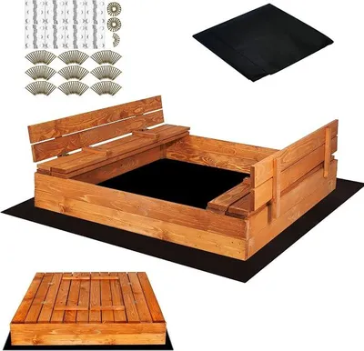 Imagen del producto de Caja de arena con banco integrado, 120x120 cm. Tapa de madera tratada. Caja de arena para niños, ideal para parques infantiles