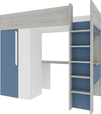 Produktbild von Hochbett mit Schreibtisch & Kleiderschrank - 90 x 200 cm  - Blau & Weiß - NICOLAS