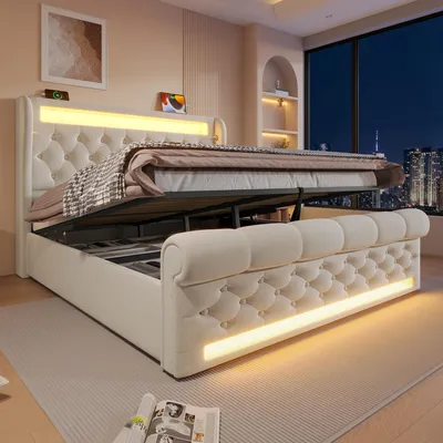 Produktbild von Flieks Hydraulisches Polsterbett 140x190cm mit USB und Typ-C, Jugendbett Doppelbett mit Led,  Stauraumbett Kinderbett mit Lattenrost, Samt, Beige