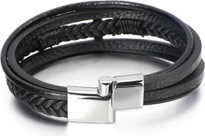 Produktbild von Mehrlagiges Lederarmband mit silbernem Magneten, 23 cm