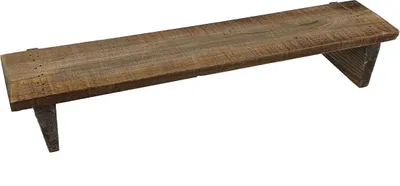 A wooden shelf with two legs, shown from a diagonal angle against a white background.