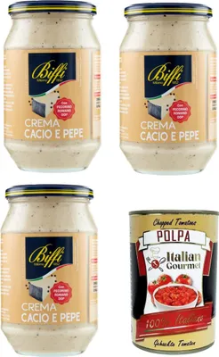 Produktbild von Biffi sugo Cacio und Pepe -Sauce mit Pecorino Romano Dop creme 3x500gr + Italian Gourmet polpa 400g