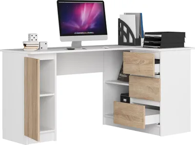Immagine prodotto di BDW, scrivania angolare destra, 3 cassetti, 4 ripiani, bianco/rovere Sonoma