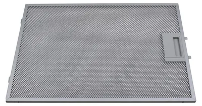 A silver metal range hood filter with a handle.