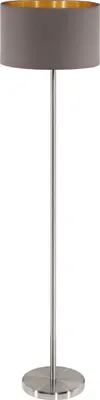 Produktbild von EGLO Stehlampe Maserlo, Textil Stehleuchte, Standleuchte aus Metall in Silber mit Lampenschirm in Cappuccino und Gold, E27, inkl. Trittschalter